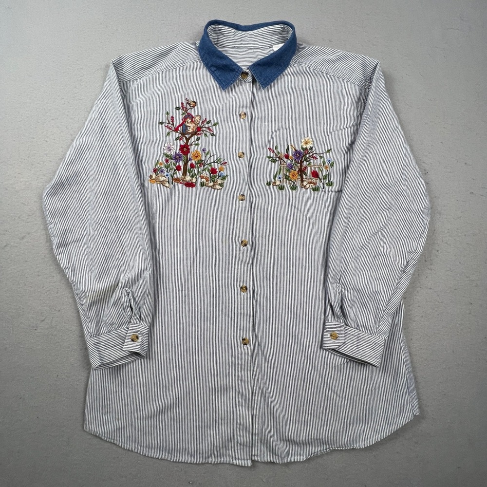 Vintage Embroidered Floral Squirrel Shirt Women 22W Blue Striped Cottagecore Top